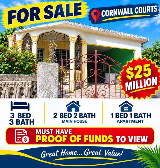 CORNWALL COURTS 3BED 3BATH HOUSE FOR SALE $25 MILL Houses CORWALL COURTS