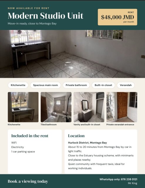 Charming 1 Bedroom Studio for Rent in Montego Bay Apartments Hurlock District, Montego Bay